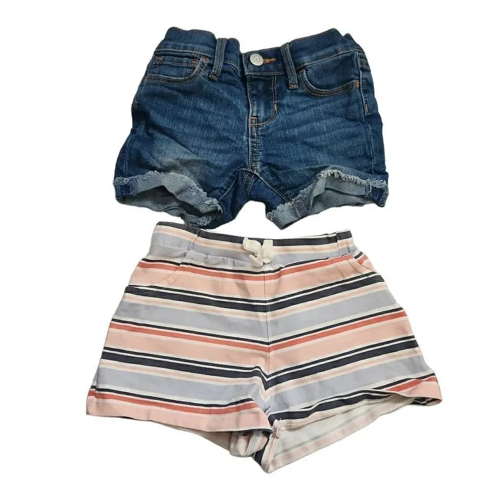 Girls Old Navy Size 5 Blue Jean and Striped Shorts 2 Set Bundle